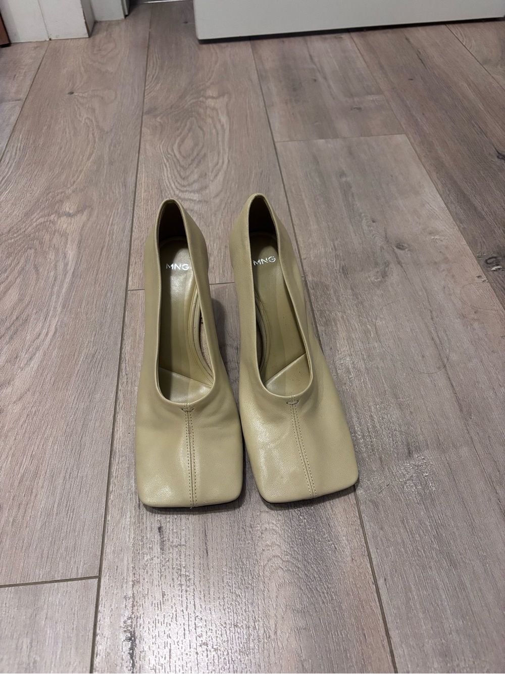Mango Light Beige Square-Toe Leather Heels